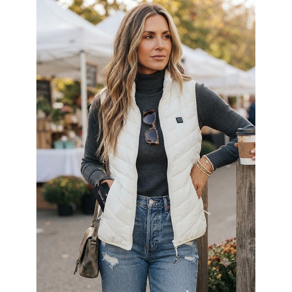 Heated Apparel Womens White Quilted Puffer Vest with Power Bank Battery Sz small